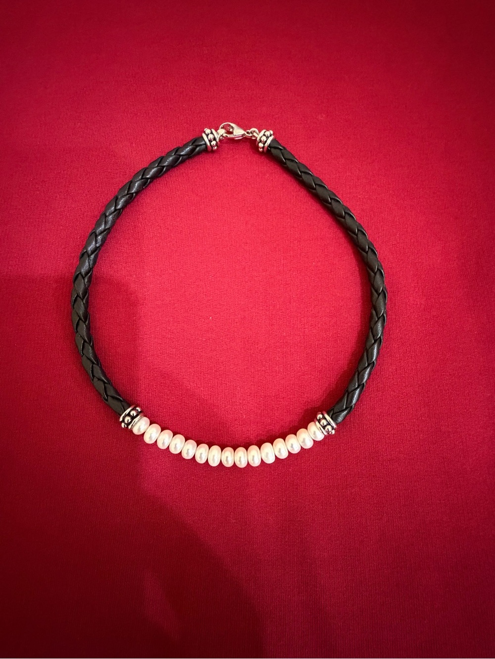 Vintage 925 Sterling Silver Genuine Freshwater Pearl Braided Leather Necklace